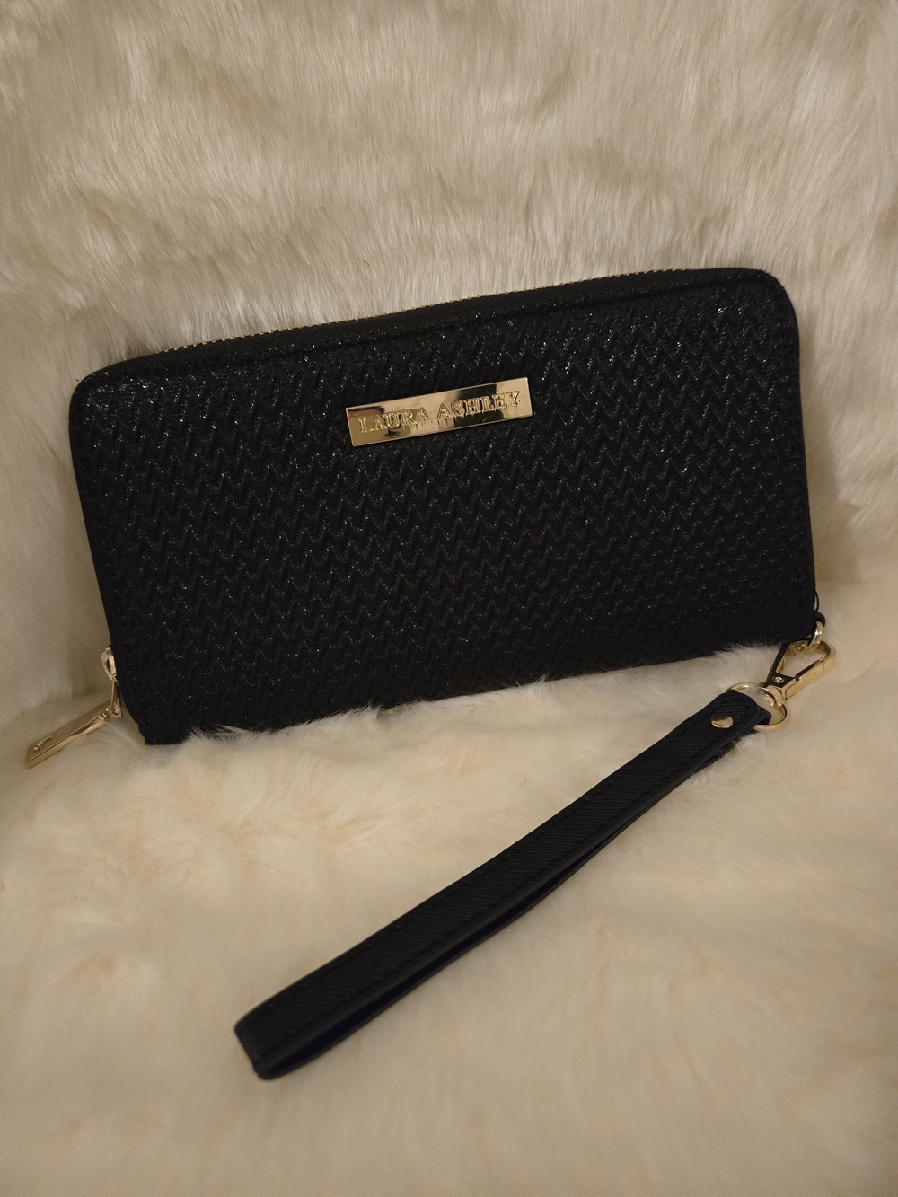 Laura Ashley Black Quilted Wristlet with Gold Accent